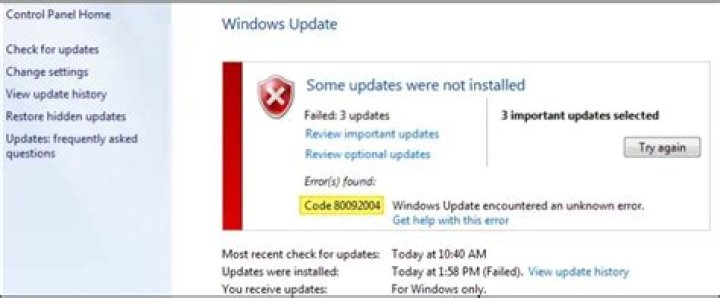 'Windows Update Error Code 80092004' in Windows 7 64-bit SP1