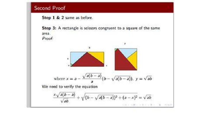 A rectangle is scissors congruent to a square of the same area.