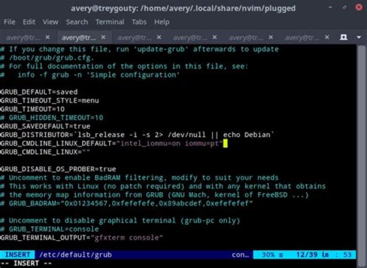 adding iommu boot flags to /etc/default/grub file