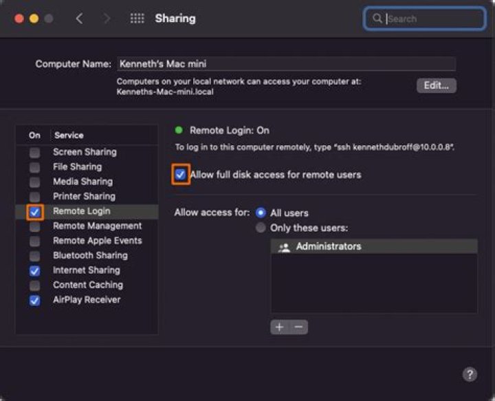Allow incoming SCP connections on Mac