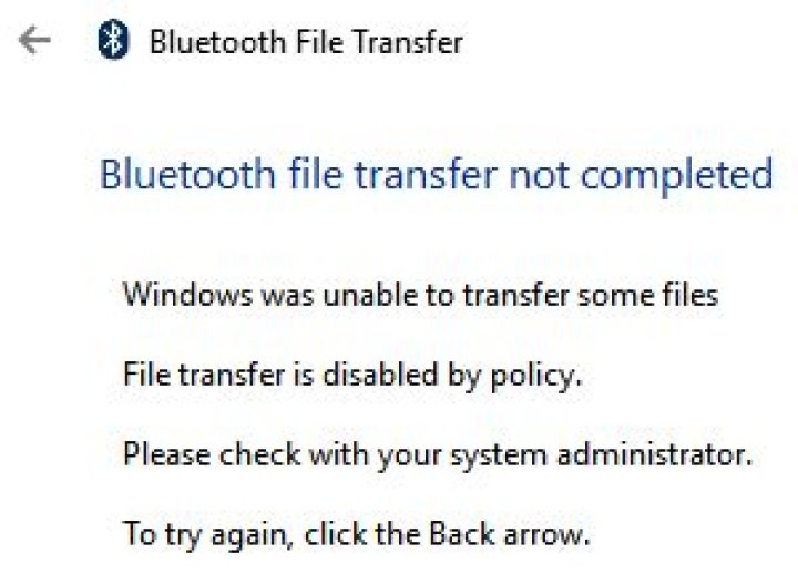 Bluetooth file transfer disabled by policy on Windows 10