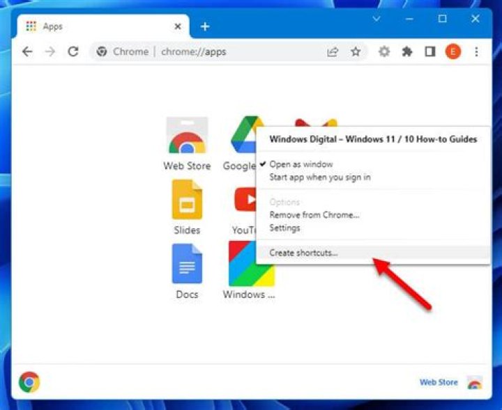 chrome - create shortcut dialog