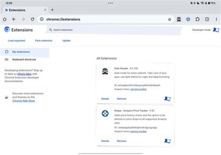 Chrome extensions page