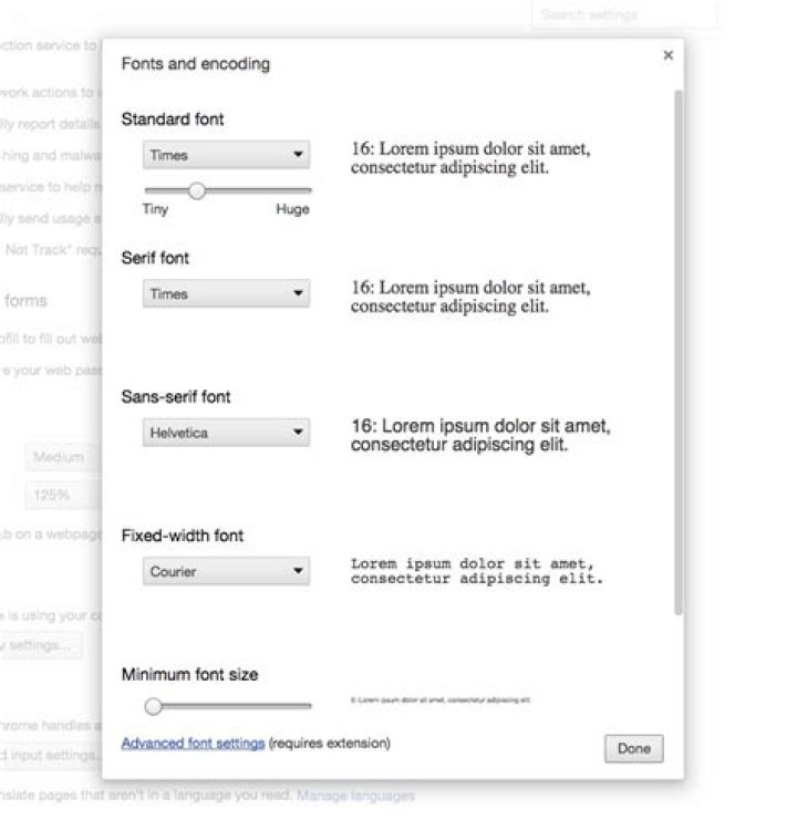 Chrome Font Settings