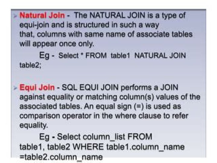 Difference between a theta join, equijoin and natural join
