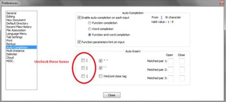 Disabling Indentation and Auto Closing Brackets in Notepad++