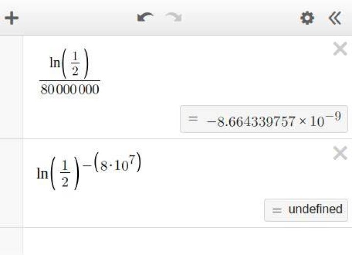 Express $\frac{\ln\left(\frac{1}{2}\right)}{80000000}$ as a negative exponent