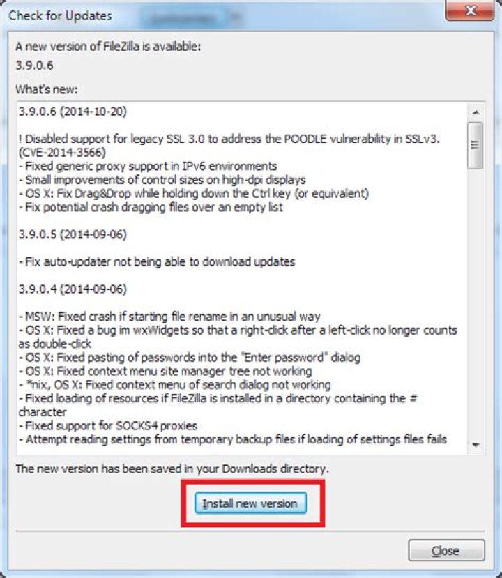 FileZilla Check for Updates dialog