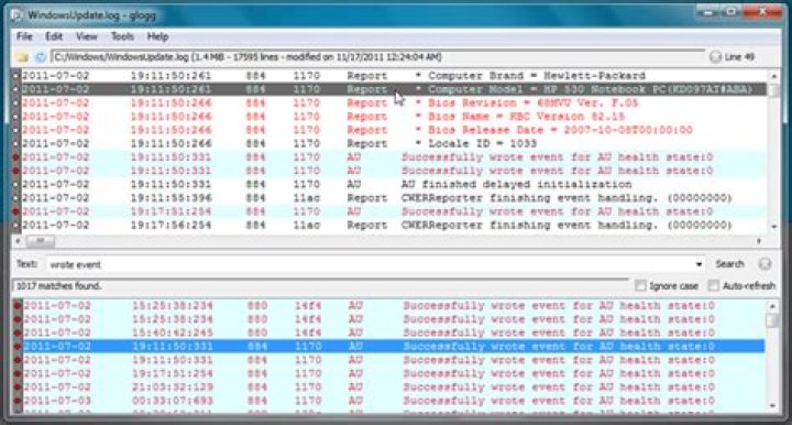 Glogg screenshot on Windows