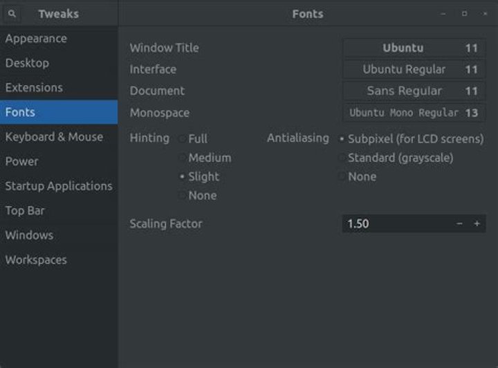 Gnome Tweaks font settings