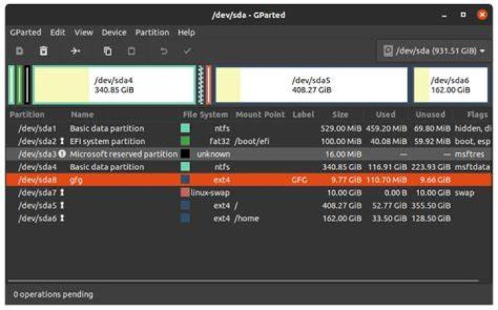 GParted screenshot showing different partitions