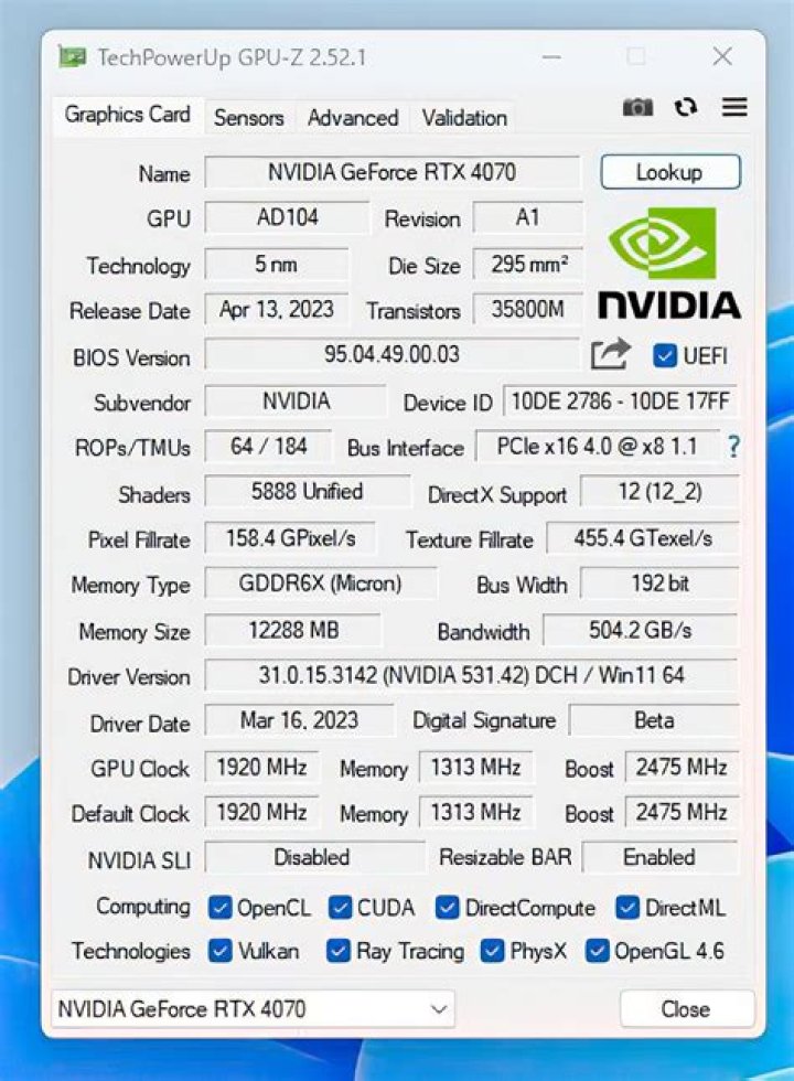 GPU-Z showing NVIDIA graphics