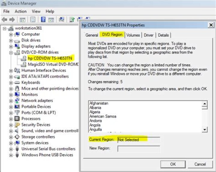 How can I find out what region code a DVD is in on my Windows PC?