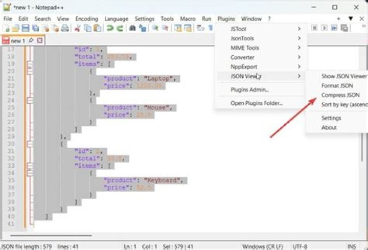 How can I get Notepad++ to properly format, “pretty print” unformatted JSON data