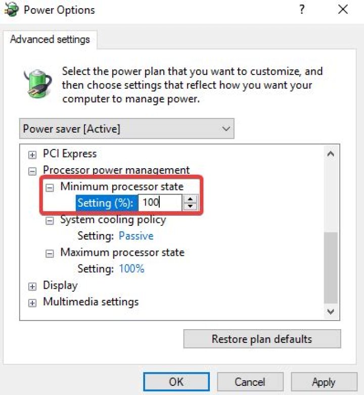 How do I access the Processor power management options in Windows 10?