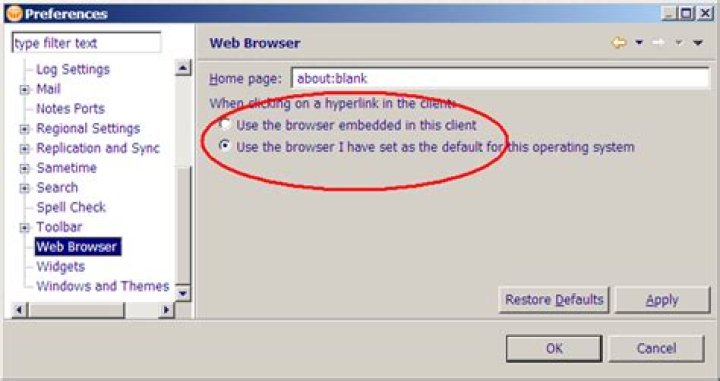 How do I change the default browser in lotus notes when opening links in emails?