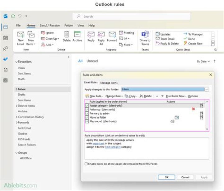 How do I create an Outlook rule that moves all email from a specific domain to a folder?