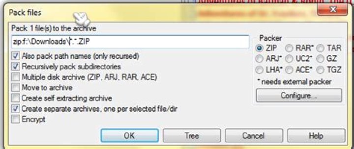 How do I create separate zip files for each selected file/directory in 7zip?