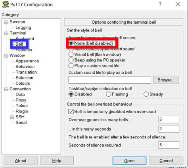 How do I disable the PuTTY bell via a command line parameter?