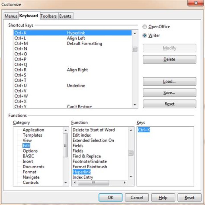How do I get a keyboard shortcut (CTRL+K or otherwise) working for hyperlink in OpenOffice?