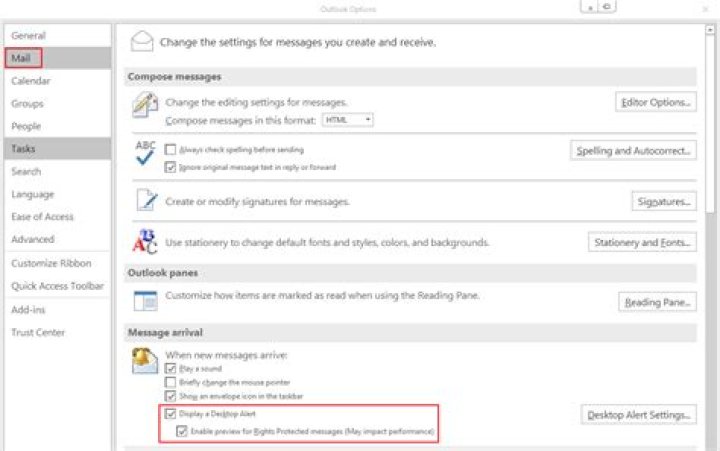 How do you get Outlook to show a preview of a new message near the taskbar?