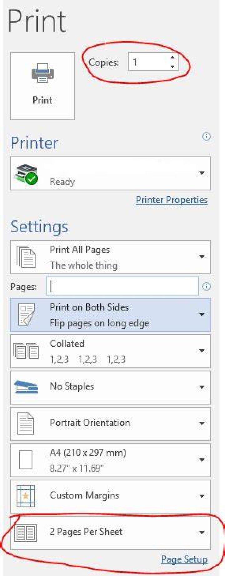 How to print multiple copies of one page, multiple pages per sheet in Windows 10?