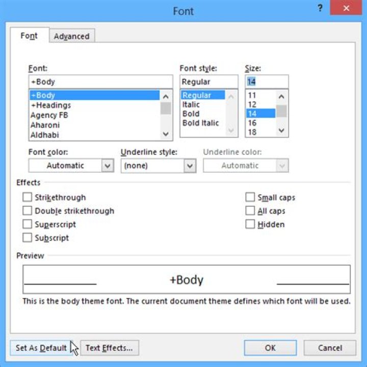 How to set default font and font size in Microsoft Office Publisher 2013