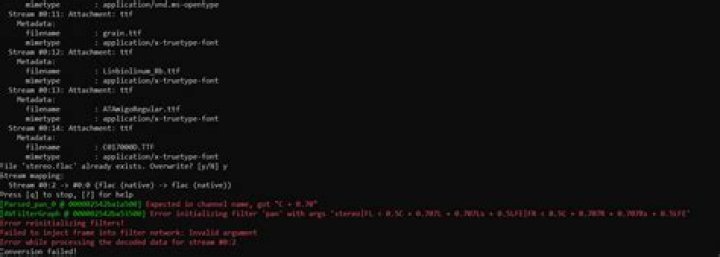 I am trying to downmix 5.1 flac to stereo using ffmpeg, but getting following error