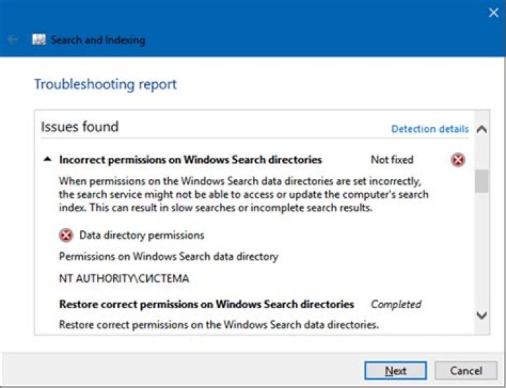 Incorrect permissions on Windows Search directories