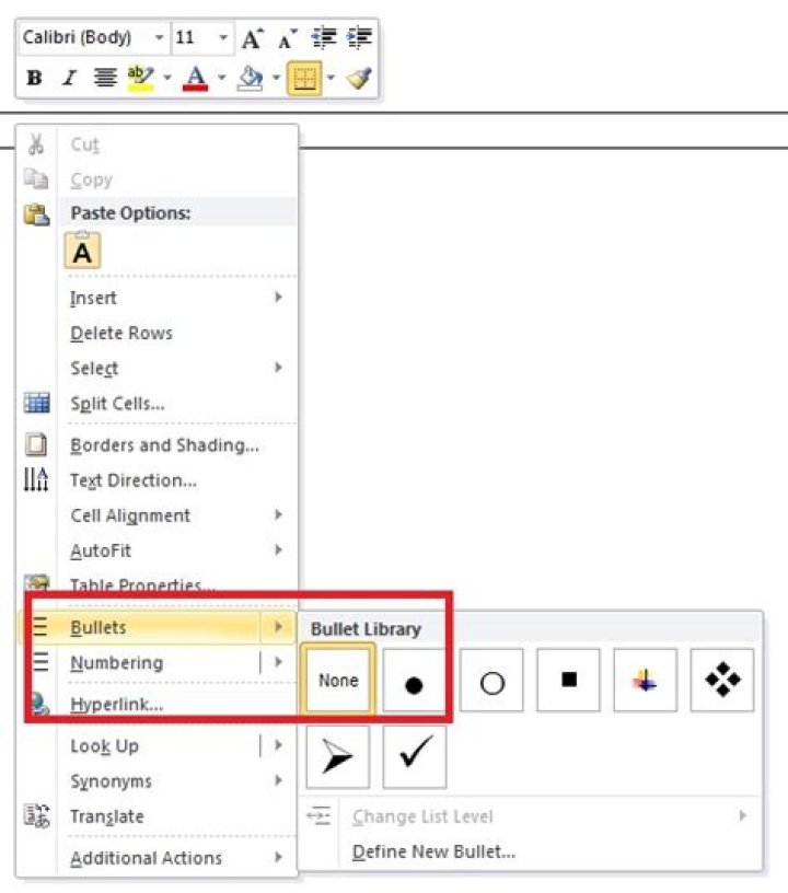 Is there a keyboard shortcut to indent a nested bullet point in a table cell the proper way?
