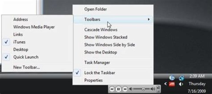 iTunes toolbar in Windows 64 taskbar
