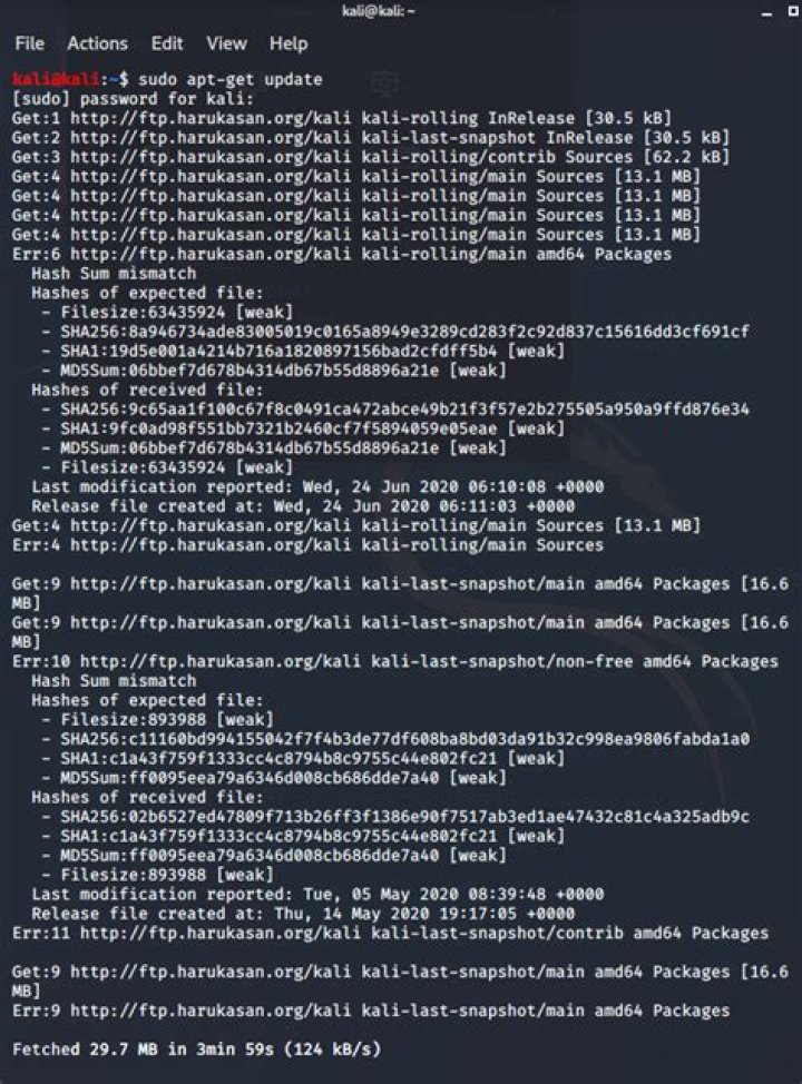 Kali Linux apt-get update Hash sum mismatch error