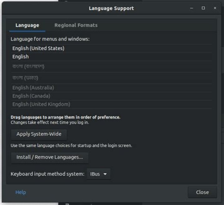 Language selection list after Bangla language package installation