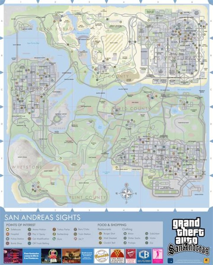 Map of San Andreas with map tacks