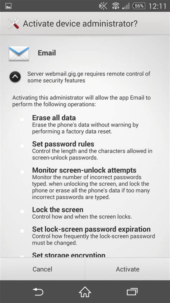 MS Exchange Server requests for “Activate Device Administrator” permissions on mobile devices