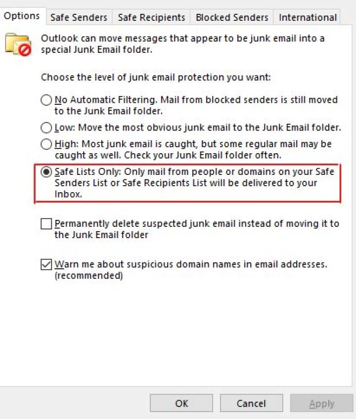 Outlook rule - filter messages NOT from @domain.com