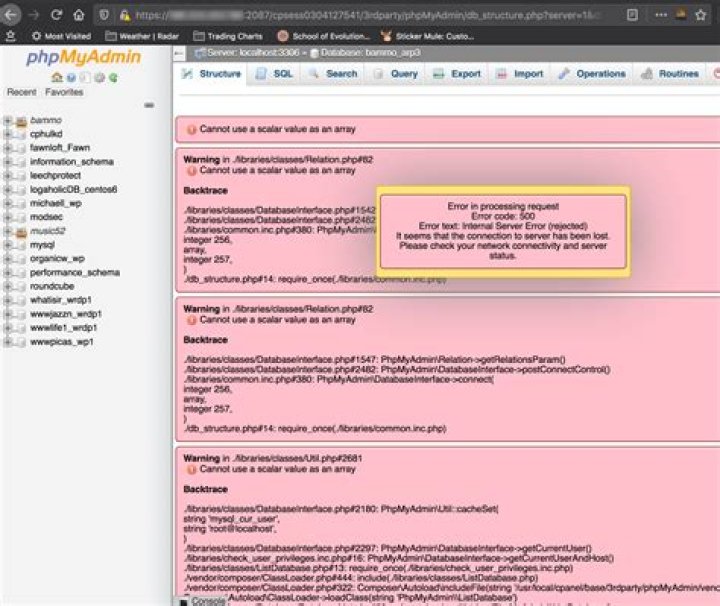 Phpmyadmin error 500 - can't load anything