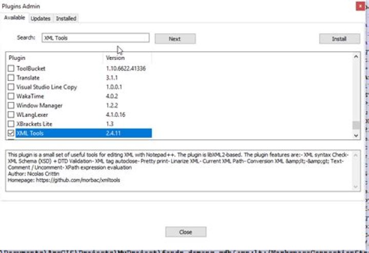 Plugins Admin window with XML Tools
