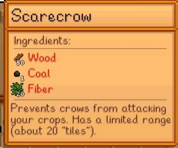Prevents crows from attacking your crops. Has a limited range (about 20 tiles)