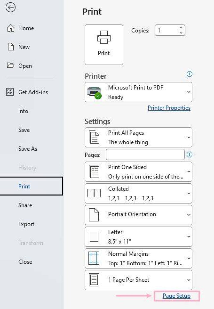 Print Page Setup Settings