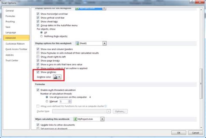 Remove outline/page border in Microsoft Excel