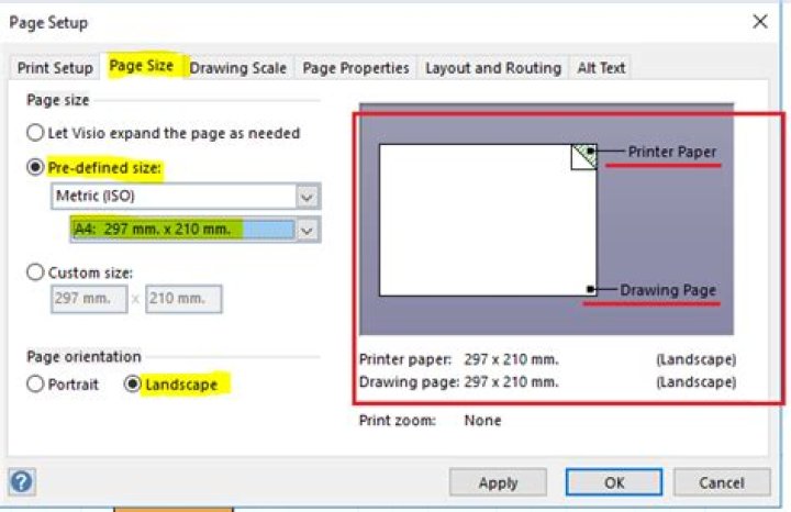 Resize Visio drawing to fit paper size and print on one page