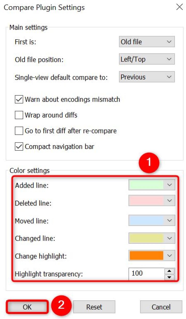 Screenshot of the Compare Plugin Settings window