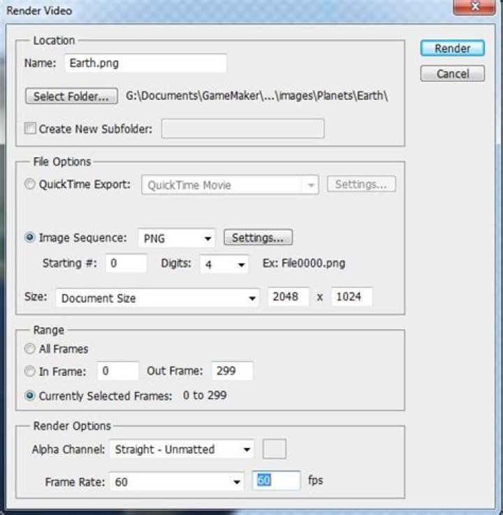 Snippet of Photoshop CS5 Render Video window