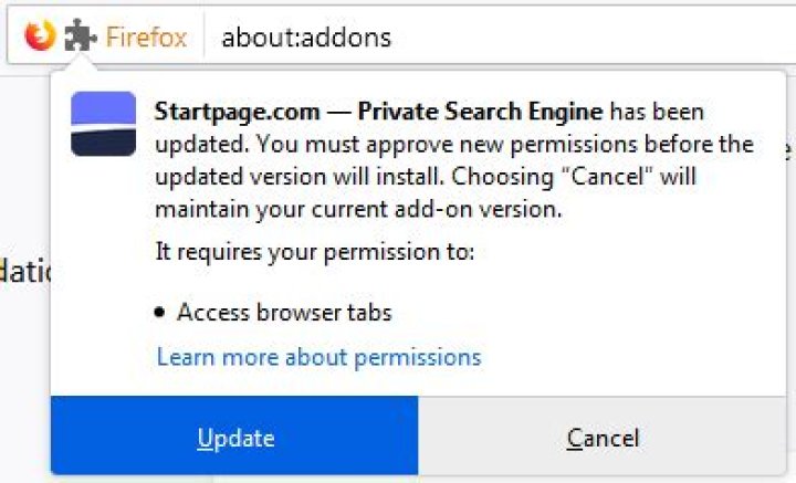 startpage.com requires new permissions: Access browser tabs - what for?