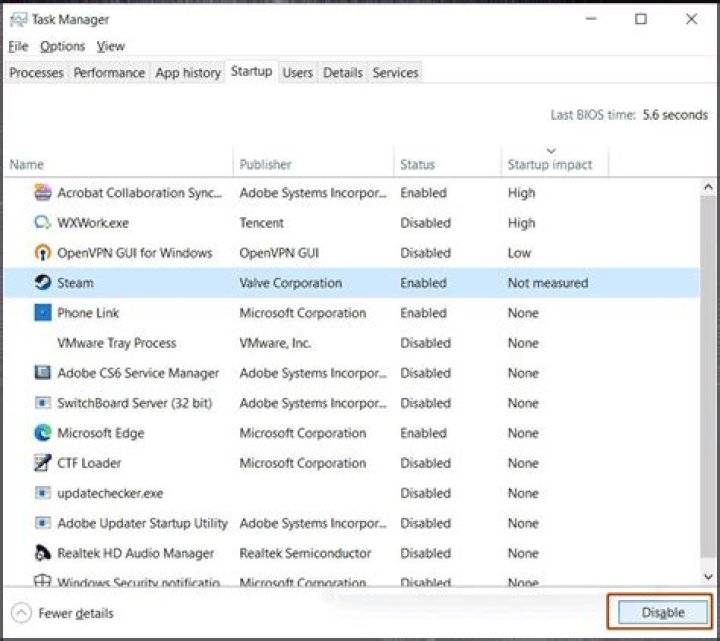 Task Manager. Start-Up. Steam Client Bootstrapper. Disable