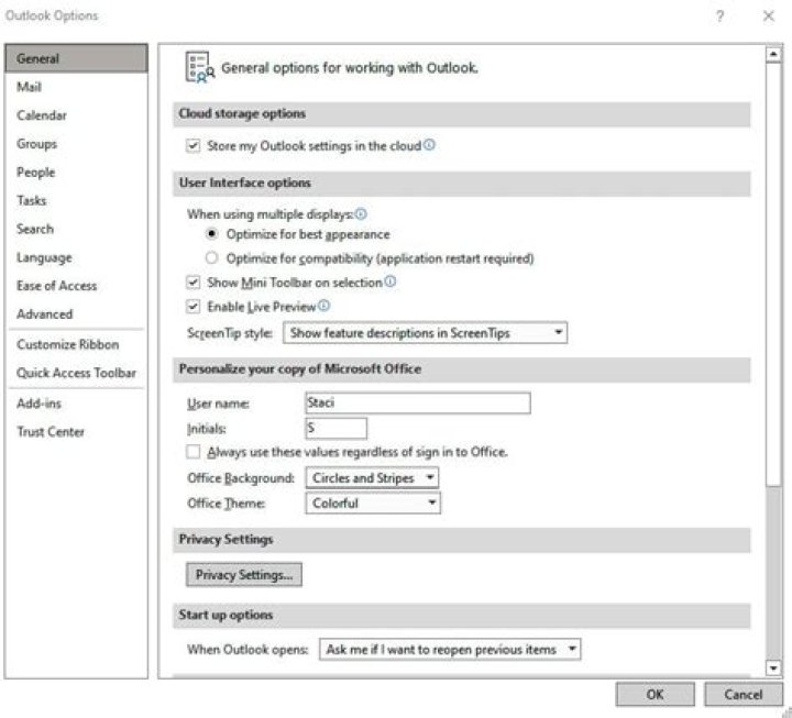 The Outlook Options dialog