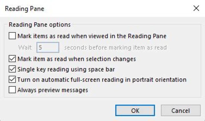 The Reading Pane dialog