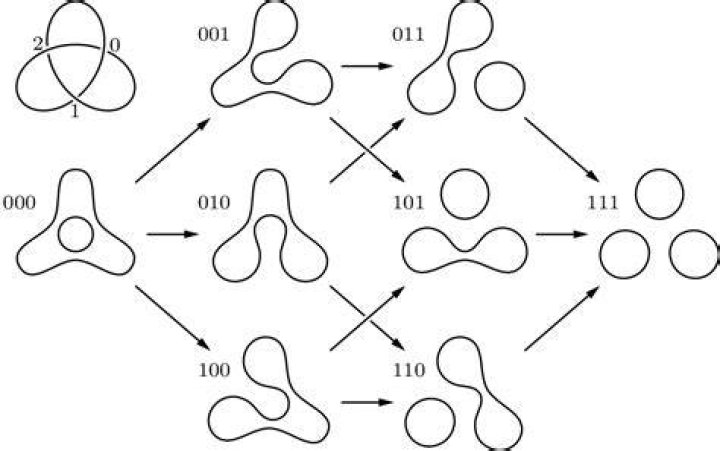 Trefoil knot, which has 3 arcs, all colored a different color.