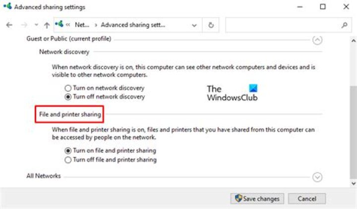 Turn on file and printer sharing